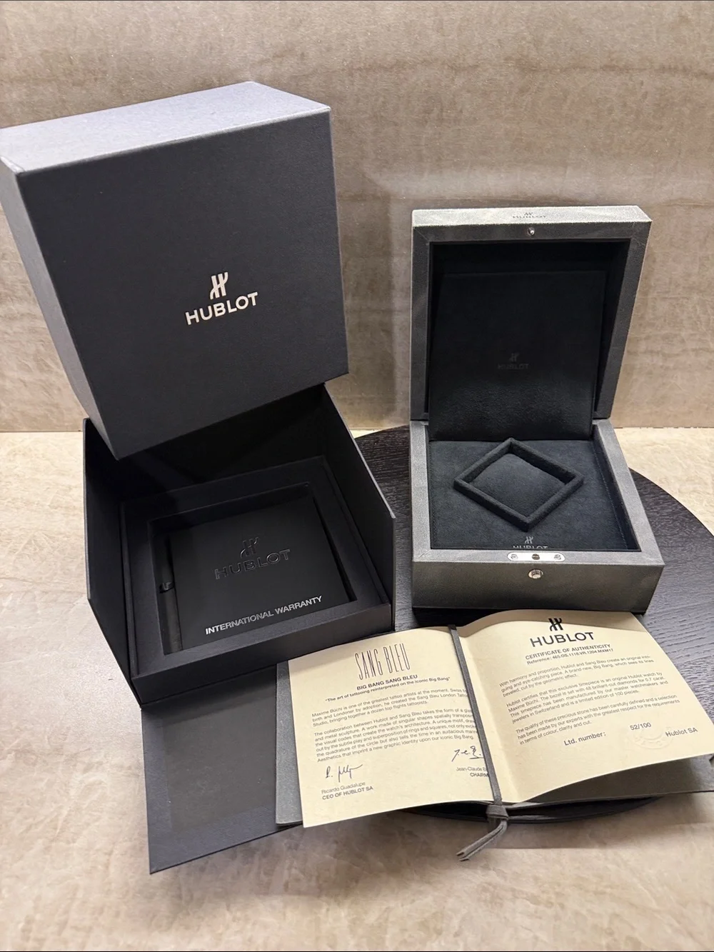 HUBLOT Gray Suede Sang Bleu Collector Watch Case w/ Croc Strap & Original Papers